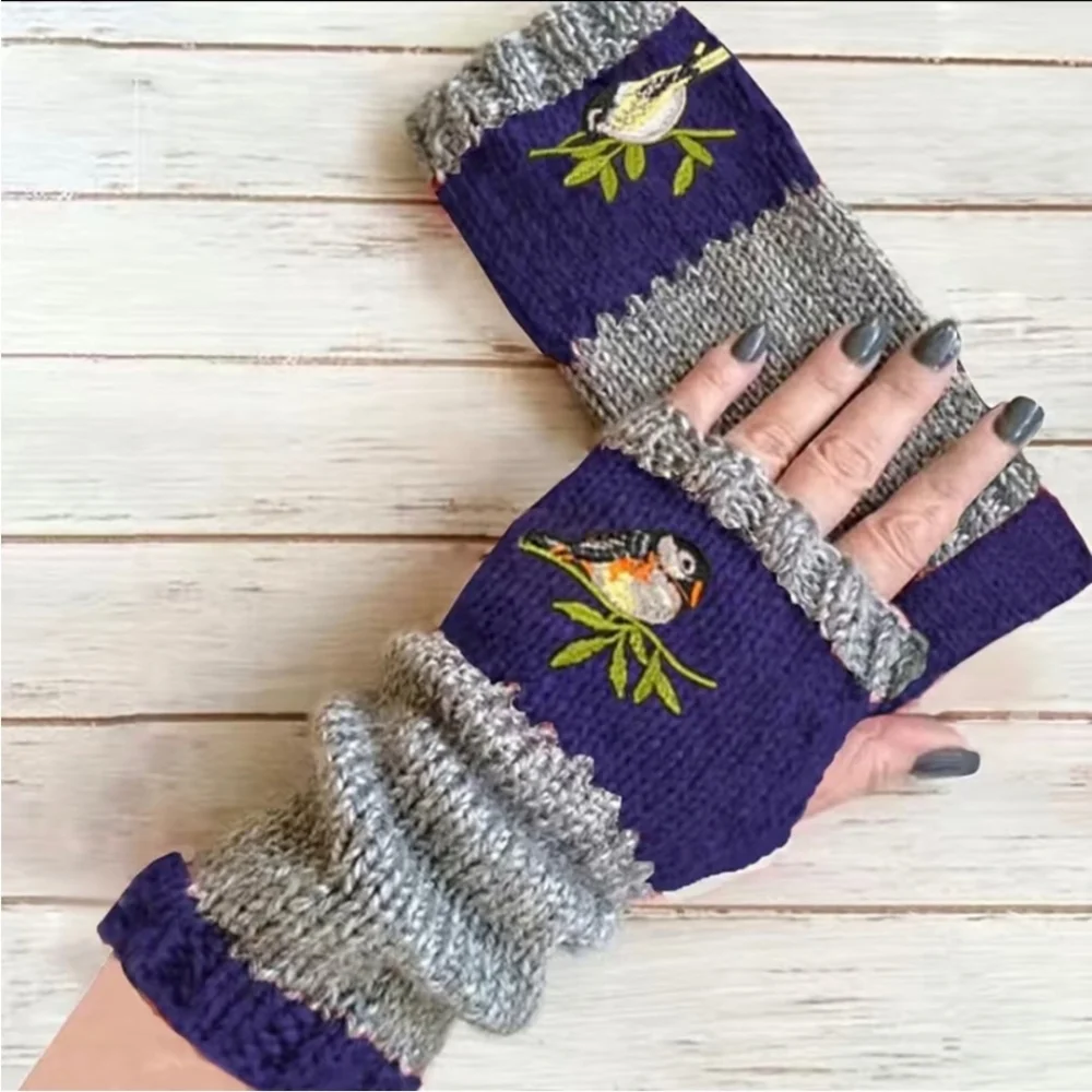 Fingerless Gloves Thumb Holes Black &  Gray Grey Embroidered Birds Mittens NEW